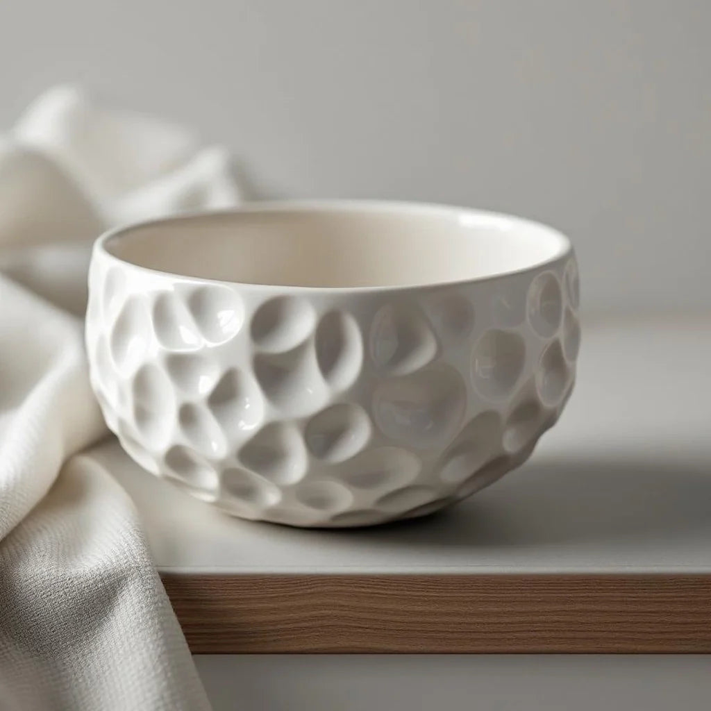 Decorative Ceramic Bowl in Ripple White