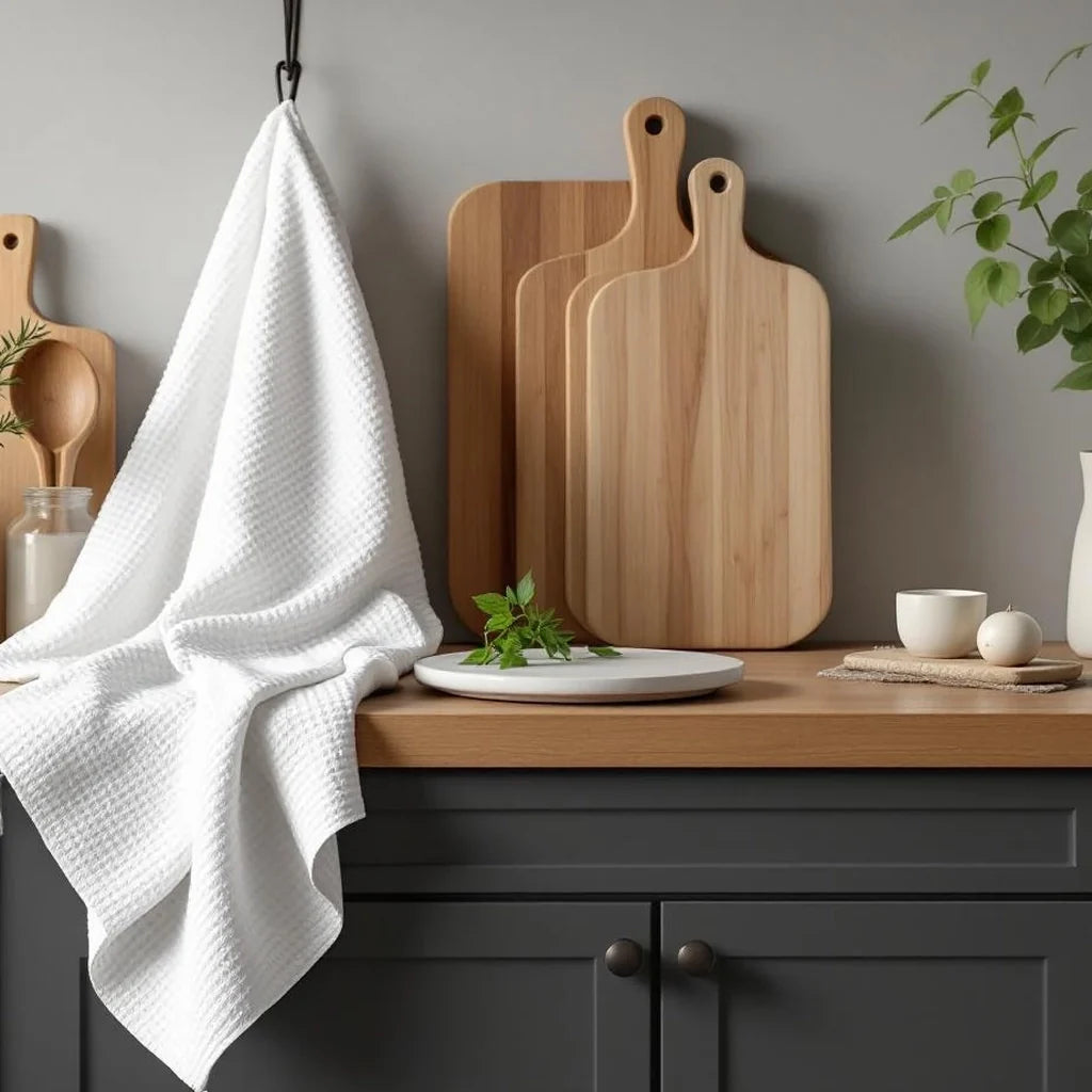 Kitchen Towel Set in Waffle Weave White