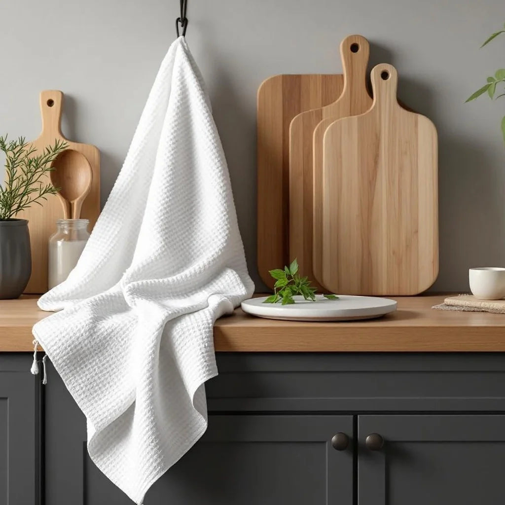 Kitchen Towel Set in Waffle Weave White