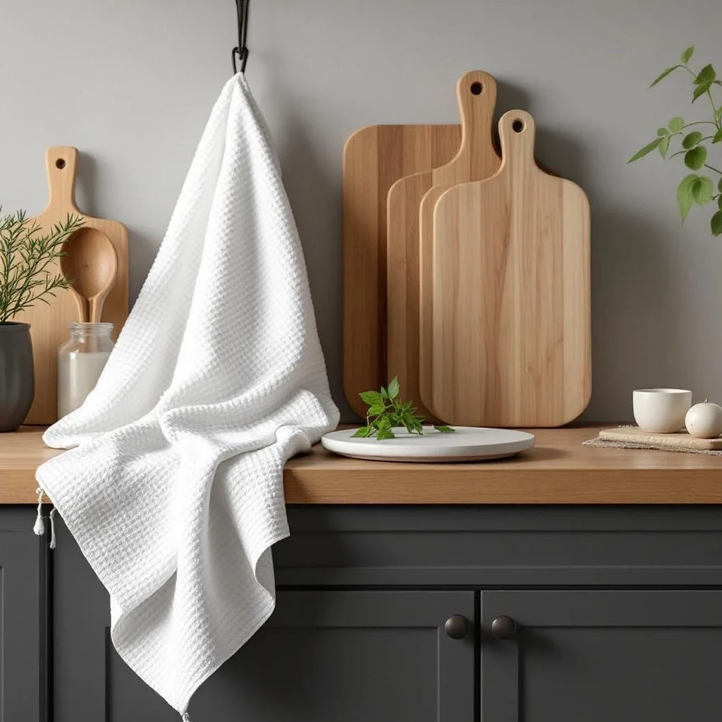 Kitchen Towel Set in Waffle Weave White