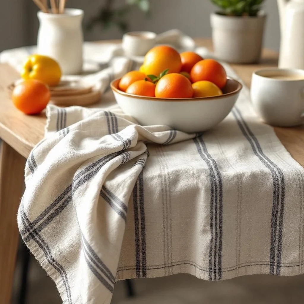 Linen-Blend Table Runner in Oatmeal Stripe