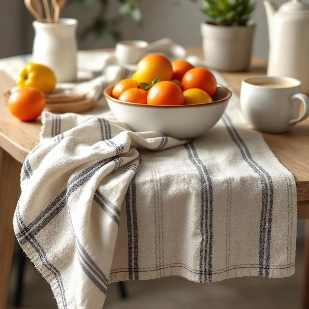Linen-Blend Table Runner in Oatmeal Stripe