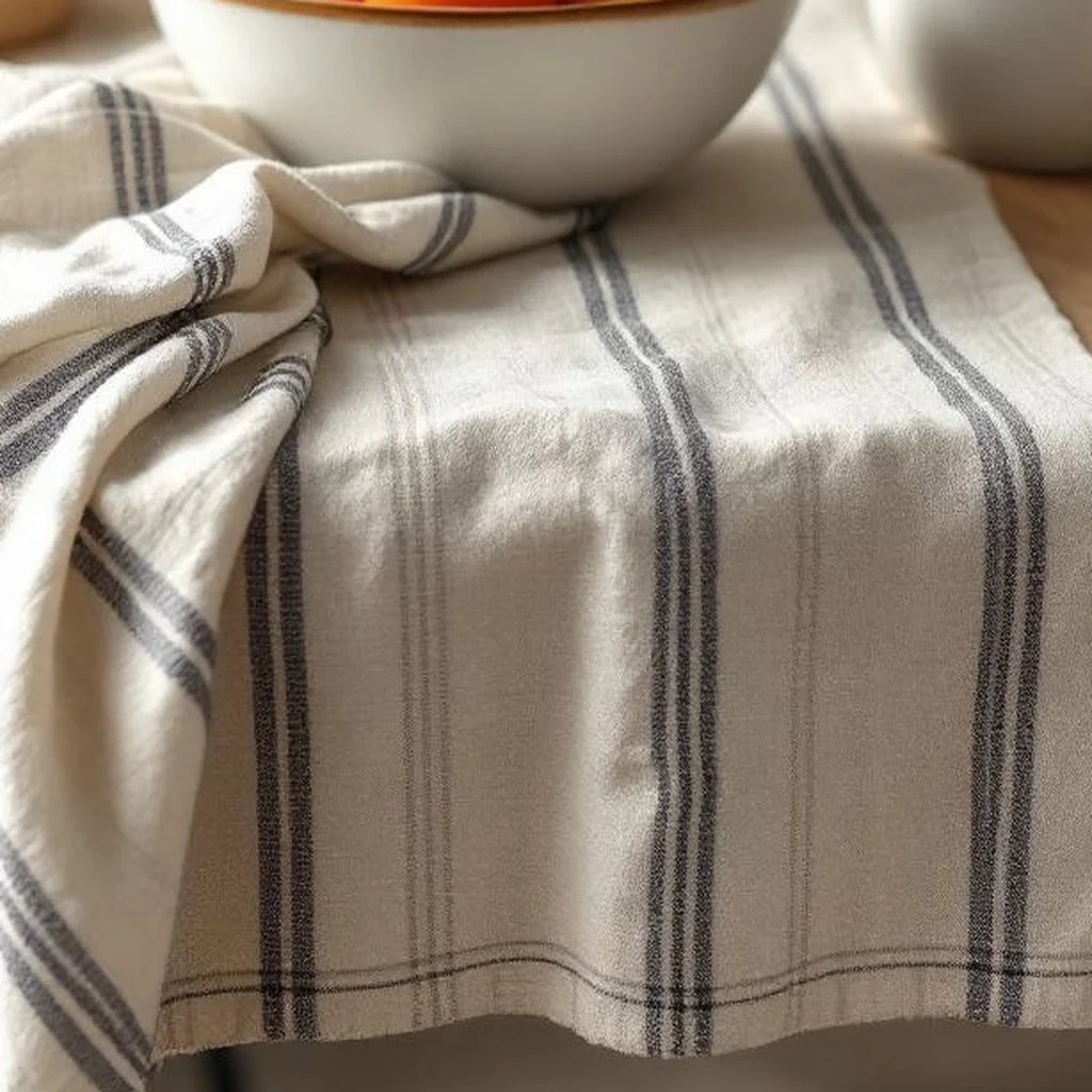 Linen-Blend Table Runner in Oatmeal Stripe