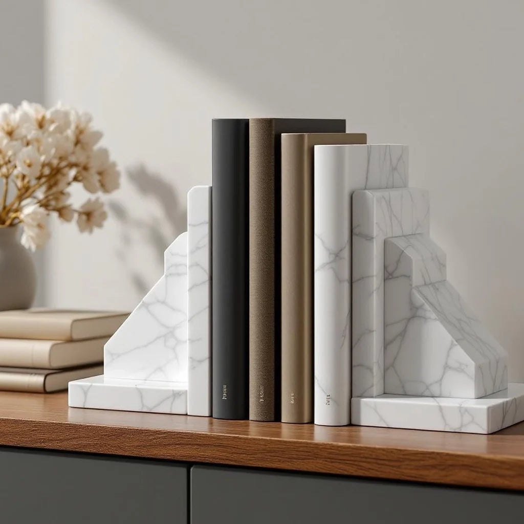 Marble Bookends Set in Soft White Vein