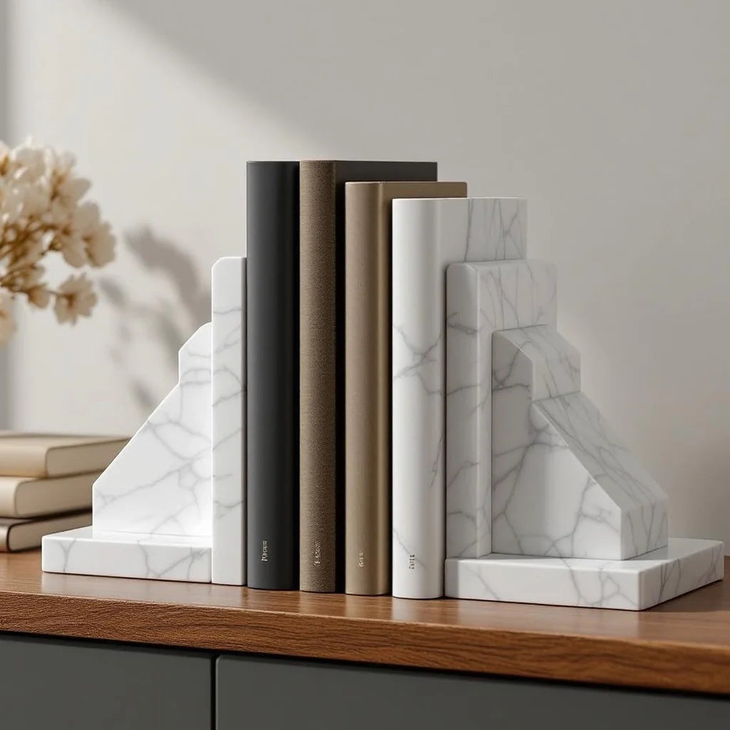 Marble Bookends Set in Soft White Vein
