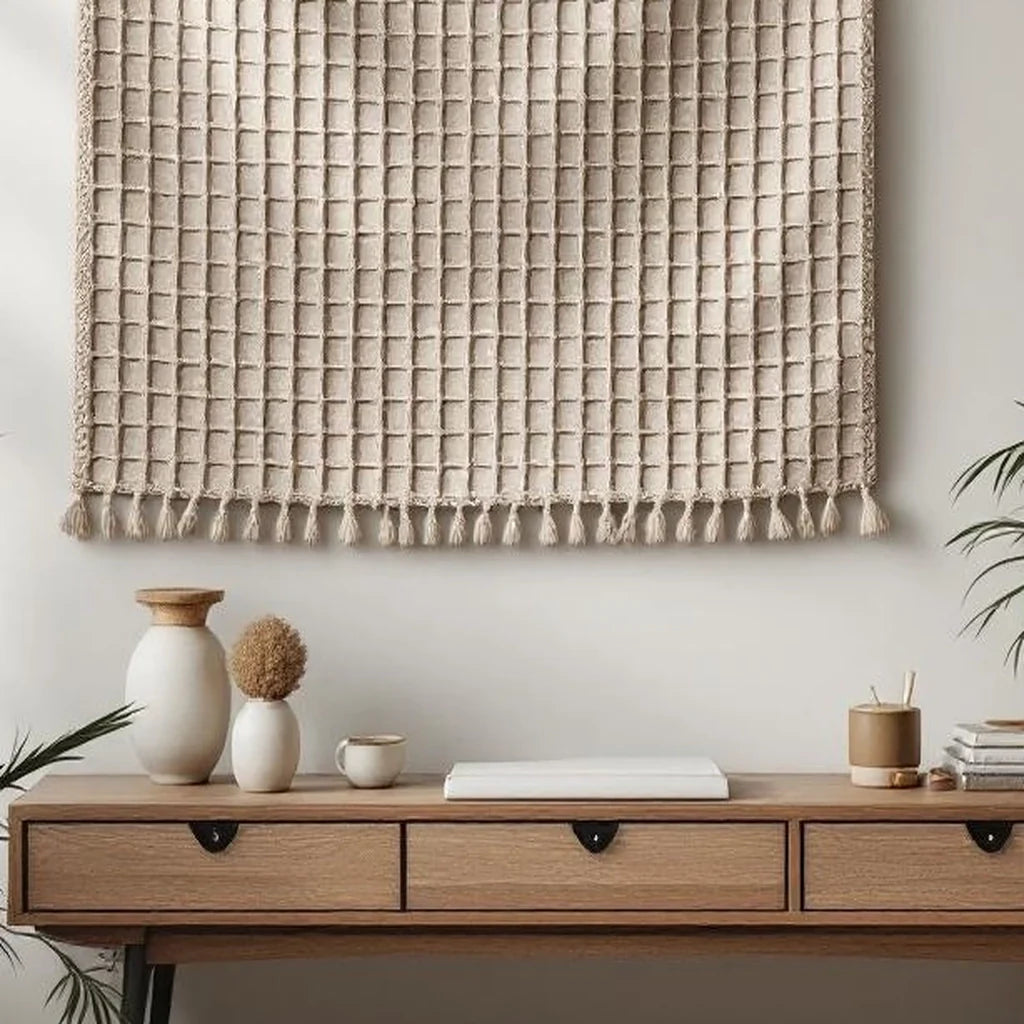 Woven Wall Tapestry in Neutral Grid