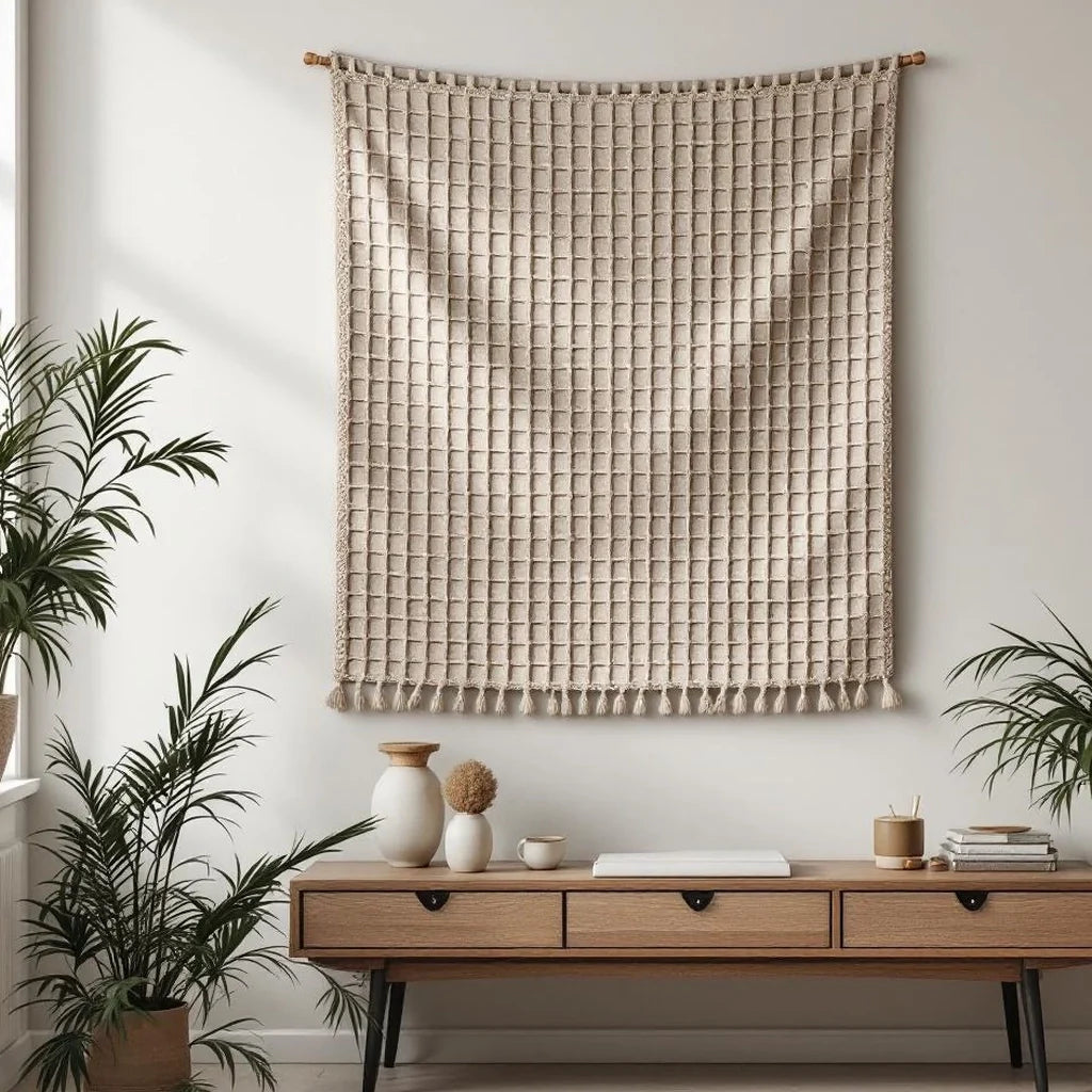 Woven Wall Tapestry in Neutral Grid