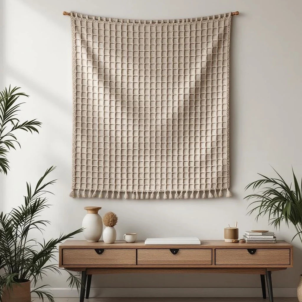 Woven Wall Tapestry in Neutral Grid
