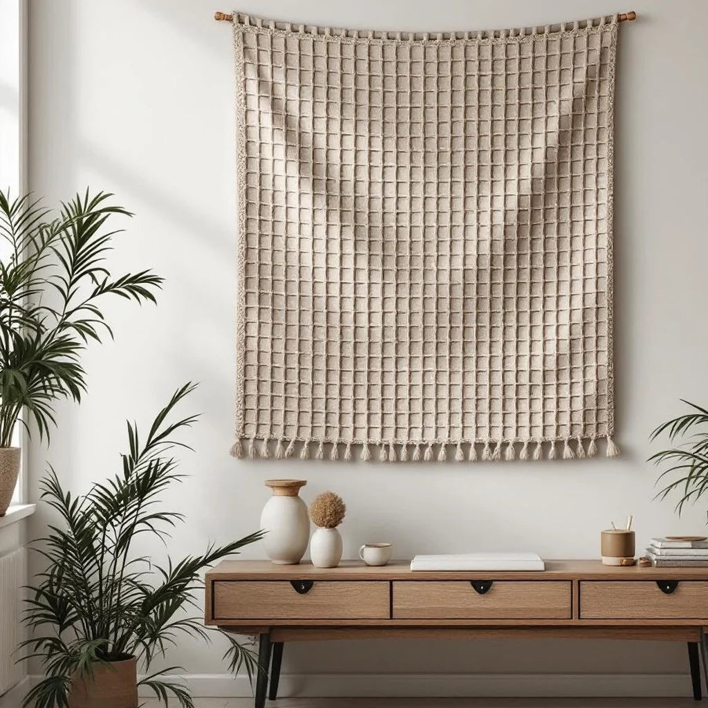Woven Wall Tapestry in Neutral Grid